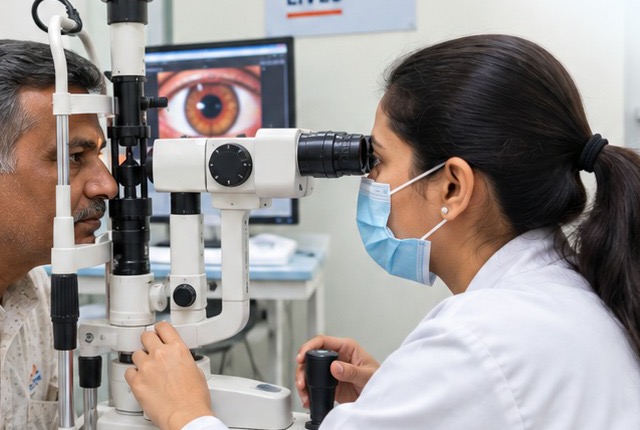 Doctor performing a slit-lamp eye examination